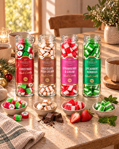 Ogilvie &amp; Co Rock Candy range: Christmas, Chocolate Irish Cream, Strawberry &amp; Cream and Spearmint Humbugs 95g jars